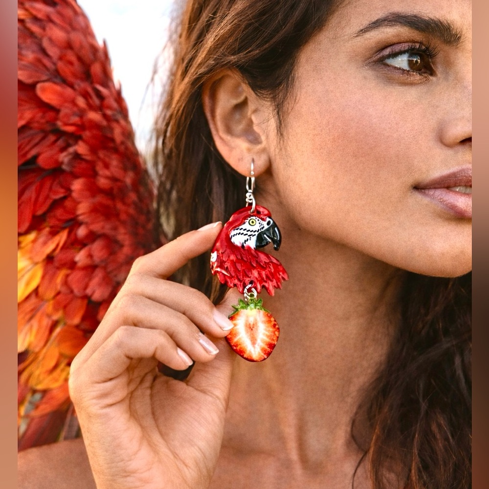 Handpainted scarlet macaw earrings strawberry charm sterling wires OOAK